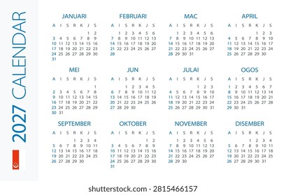 Calendar 2027 year Horizontal - vector illustration. Singaporean version