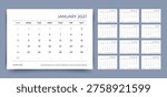 Calendar for 2027 year. Planner template. Monthly calender organizer. Week starts Sunday. Desk schedule grid with 12 month. Corporate yearly diary layout. Horizontal simple agenda. Vector illustration
