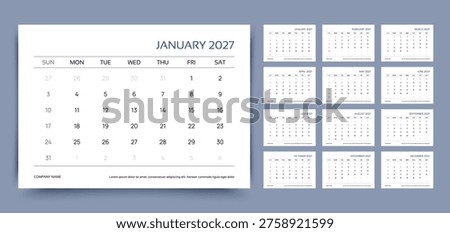 Calendar for 2027 year. Planner template. Monthly calender organizer. Week starts Sunday. Desk schedule grid with 12 month. Corporate yearly diary layout. Horizontal simple agenda. Vector illustration