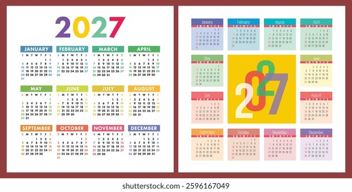 Calendar 2027 year set. Vector pocket or wall square calender design template collection. January, February, March, April, May, June, July, August, September, October, November, December