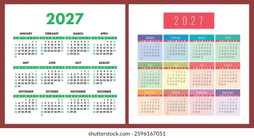 Calendar 2027 year set. Vector pocket or wall square calender design template collection. January, February, March, April, May, June, July, August, September, October, November, December