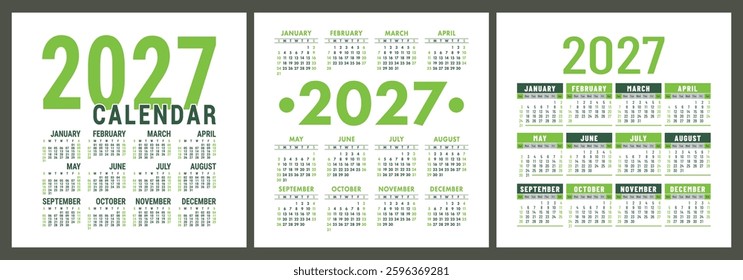 Calendar 2027 year set. Vector pocket or wall square calender design template collection. January, February, March, April, May, June, July, August, September, October, November, December