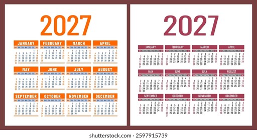 Calendar 2027 year set. Vector pocket or wall square calender design template collection. January, February, March, April, May, June, July, August, September, October, November, December
