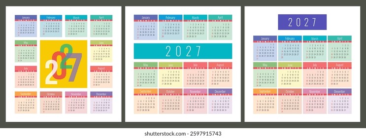 Calendar 2027 year set. Vector pocket or wall square calender design template collection. January, February, March, April, May, June, July, August, September, October, November, December