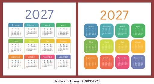 Calendar 2027 year set. Vector pocket or wall square calender design template collection. January, February, March, April, May, June, July, August, September, October, November, December