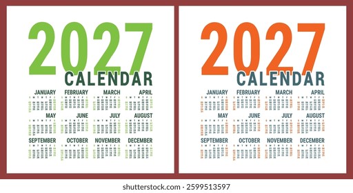 Calendar 2027 year set. Vector pocket or wall square calender design template collection. January, February, March, April, May, June, July, August, September, October, November, December