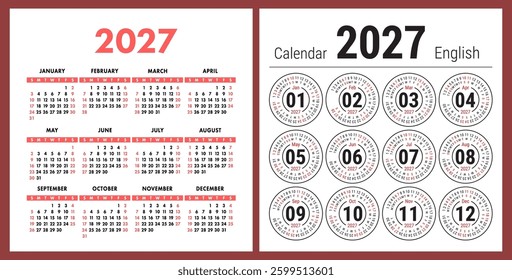 Calendar 2027 year set. Vector pocket or wall square calender design template collection. January, February, March, April, May, June, July, August, September, October, November, December