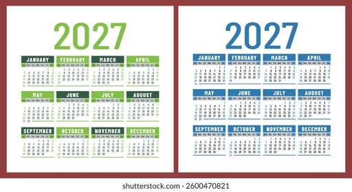 Calendar 2027 year set. Vector pocket or wall square calender design template collection. January, February, March, April, May, June, July, August, September, October, November, December