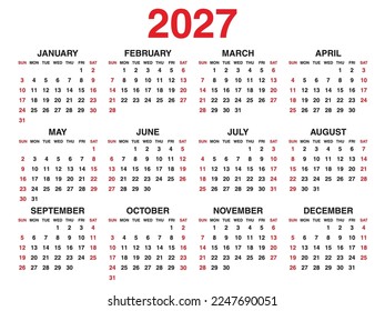Calendar 2027 year vector illustration, Set of 12 months, week starts on Sunday, Simple planner template, desk calendar 2027 year, wall calendar template, print media, corporate template