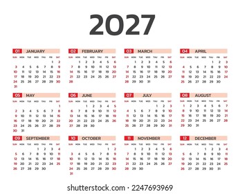 Calendar 2027 year vector illustration, Set of 12 months, week starts on Sunday, Simple planner template, desk calendar year, wall calendar 2027 template, print media, Business template vector