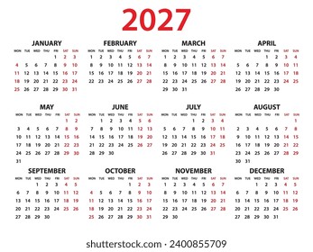 Ilustración vectorial de calendario 2027 años, Conjunto de calendario 12, semana comienza el lunes, plantilla de planificador simple, calendario de escritorio 2027 año, plantilla de calendario de pared 2027, medios de impresión, plantilla corporativa