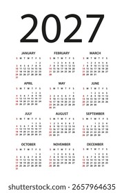 Calendário 2027 ano - ilustração vetorial. A semana começa no domingo. Calendário definido para 2024 ano