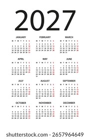 Calendar 2027 year - vector illustration. Week starts on Monday. Calendar Set for 2024 year