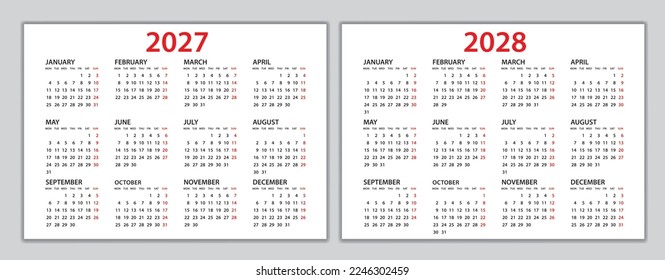 Calendar 2027-2028 template, Planner 2027-2028 year, Wall calendar 2027-2028 template, Week Starts Monday, Set of 12 calendar, advertisement, printing, organization and business, stationery, simple