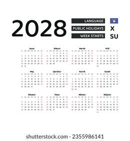 Calendar 2028 Albanian language with Kosovo public holidays. Week starts from Sunday. Graphic design vector illustration.