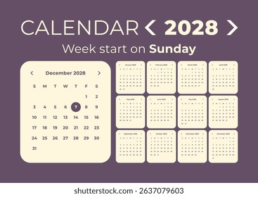 Calendar 2028 application style and the week starts on Sunday
