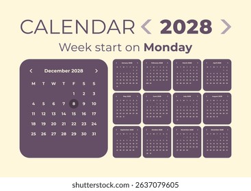 Calendar 2028 application style and the week starts on Monday