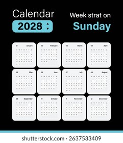 Calendar 2028 application style and the week starts on Sunday