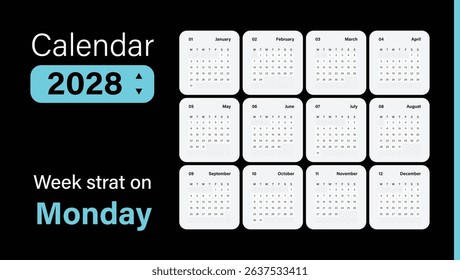 Calendar 2028 application style and the week starts on Monday
