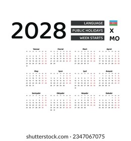 Calendar 2028 Azerbaijani language with Azerbaijan public holidays. Week starts from Monday. Graphic design vector illustration.