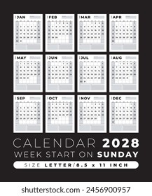 Calendar 2028 blank template clean and minimal design size Letter, Week start on sunday
