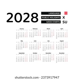 Calendar 2028 English language with Bahrain public holidays. Week starts from Sunday. Graphic design vector illustration.