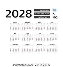 Calendar 2028 English language with Botswana public holidays. Week starts from Monday. Graphic design vector illustration.