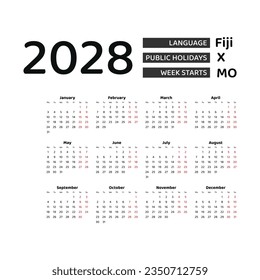 Calendar 2028 English language with Fiji public holidays. Week starts from Monday. Graphic design vector illustration.