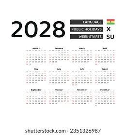 Calendar 2028 English language with Ghana public holidays. Week starts from Sunday. Graphic design vector illustration.