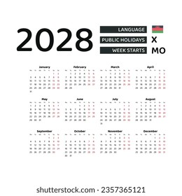Calendar 2028 English language with Malawi public holidays. Week starts from Monday. Graphic design vector illustration.