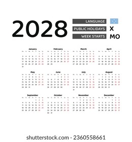 Calendar 2028 English language with Micronesia public holidays. Week starts from Monday. Graphic design vector illustration.