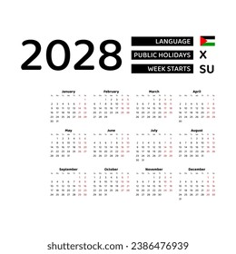 Calendar 2028 English language with Palestine public holidays. Week starts from Sunday. Graphic design vector illustration.