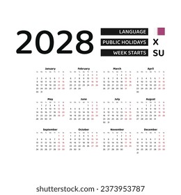 Calendar 2028 English language with Qatar public holidays. Week starts from Sunday. Graphic design vector illustration.