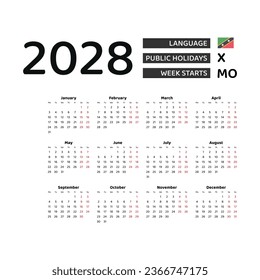 Calendar 2028 English language with Saint Kitts and Nevis public holidays. Week starts from Monday. Graphic design vector illustration.