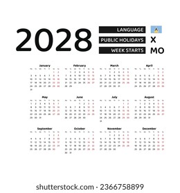 Calendar 2028 English language with Saint Lucia public holidays. Week starts from Monday. Graphic design vector illustration.