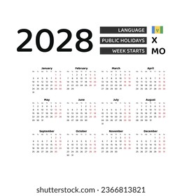 Calendar 2028 English language with Saint Vincent and the Grenadines public holidays. Week starts from Monday. Graphic design vector illustration.