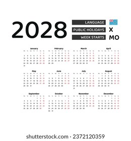 Calendar 2028 English language with Tuvalu public holidays. Week starts from Monday. Graphic design vector illustration.