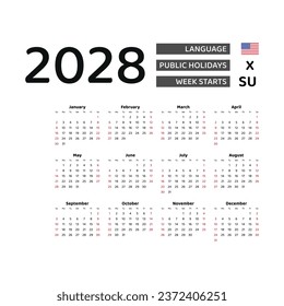 Calendar 2028 English language with United States public holidays. Week starts from Sunday. Graphic design vector illustration.