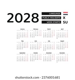 Calendar 2028 English language with Yemen public holidays. Week starts from Sunday. Graphic design vector illustration.