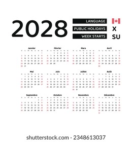 Calendar 2028 French language with Canada public holidays. Week starts from Sunday. Graphic design vector illustration.