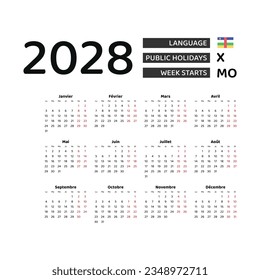 Calendar 2028 French language with Central African Republic public holidays. Week starts from Monday. Graphic design vector illustration.