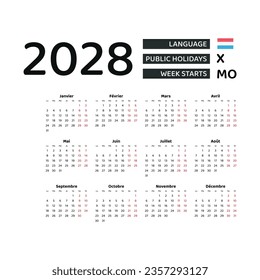 Calendar 2028 French language with Luxembourg public holidays. Week starts from Monday. Graphic design vector illustration.