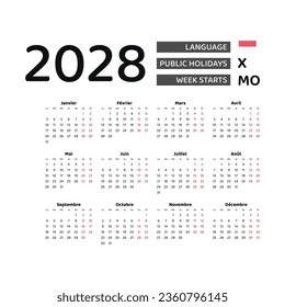 Calendar 2028 French language with Monaco public holidays. Week starts from Monday. Graphic design vector illustration.