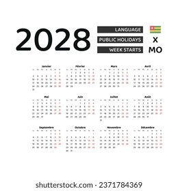 Calendar 2028 French language with Togo public holidays. Week starts from Monday. Graphic design vector illustration.