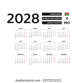 Calendar 2028 French language with Vanuatu public holidays. Week starts from Monday. Graphic design vector illustration.