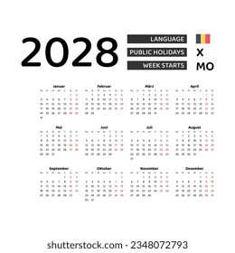 Calendar 2028 German language with Belgium public holidays. Week starts from Monday. Graphic design vector illustration.