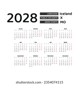 Calendar 2028 Icelandic language with Iceland public holidays. Week starts from Monday. Graphic design vector illustration.