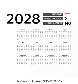 Calendar 2028 Indonesian language with Indonesia public holidays. Week starts from Monday. Graphic design vector illustration.