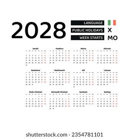 Calendar 2028 Irish language with Ireland public holidays. Week starts from Monday. Graphic design vector illustration.