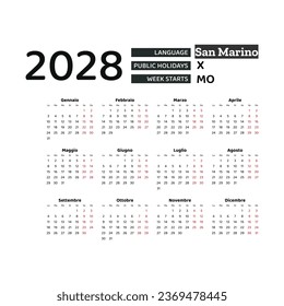 Calendar 2028 Italian language with San Marino public holidays. Week starts from Monday. Graphic design vector illustration.